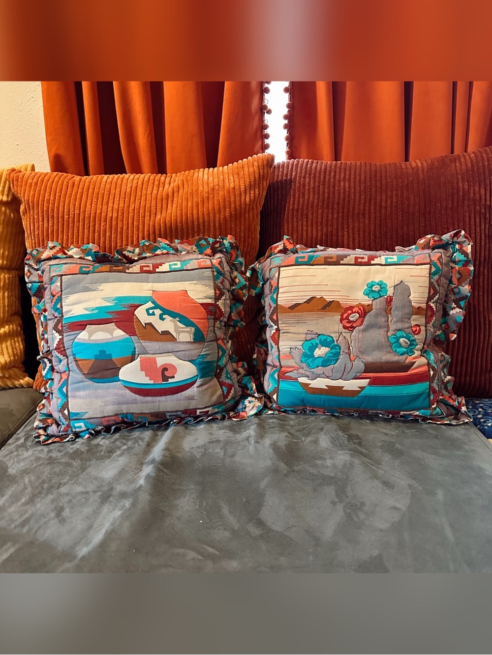 Vintage 1980s Quilted Southwest Ruffle Throw Pillows